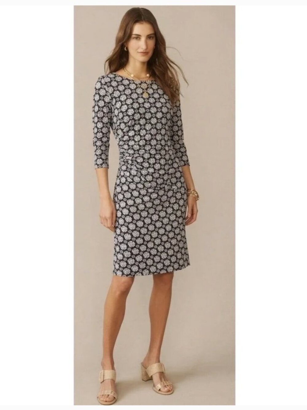 J. McLaughlin Sage Dress Ruched Side Gather Black and White Pattern Print Small